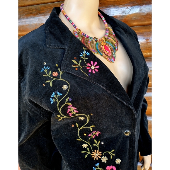 Diane's Essentials Flower Embroidered Black Corduroy Jacket - Picture 3 of 9